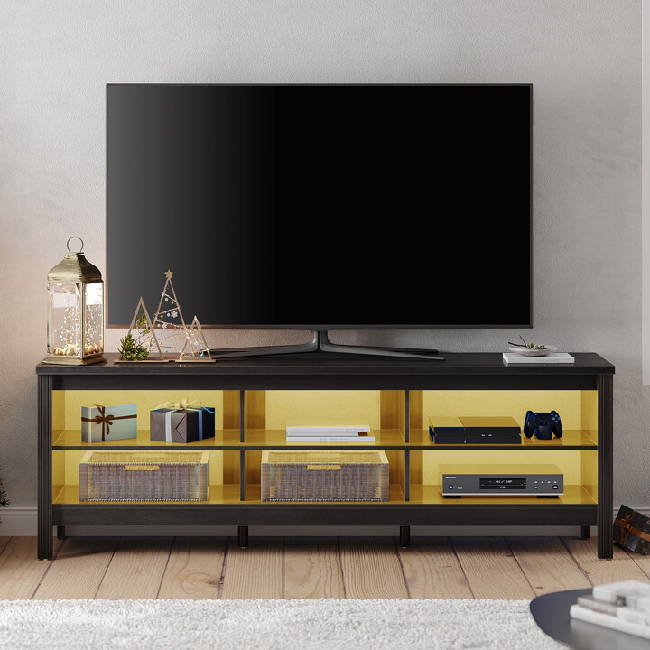 Wampat TV Stand with Warm White LED Lights and Open Storage Shelves for 75 Inch TV, Black
