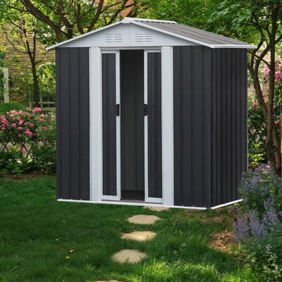 HANGZHOUFEIXIN Outdoor Storage Shed 6' X 4', Grey, Peaked Roof, Roof Sloping To Meet At The Highest Point, With Base Frame Garden Shed