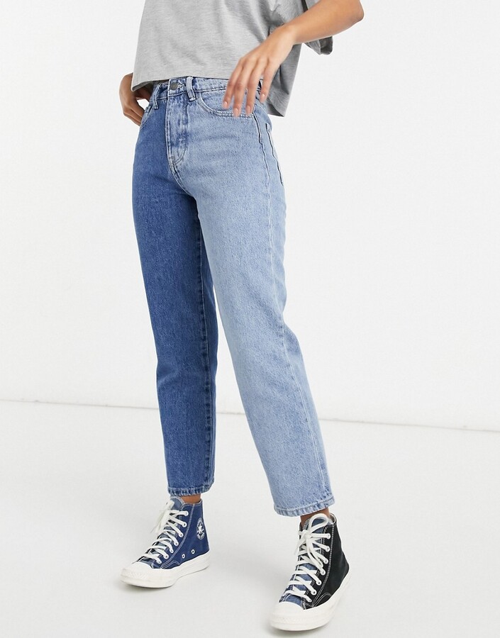 Stradivarius cotton straight leg contrast two tone jeans in blue - MBLUE -  ShopStyle