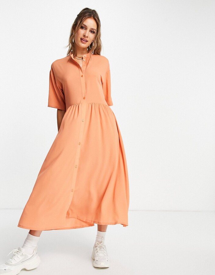 Monki Asta button front midi dress in orange RED ShopStyle