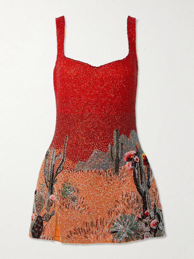 Clio Peppiatt - West Coast Beaded Tulle Mini Dress - Orange