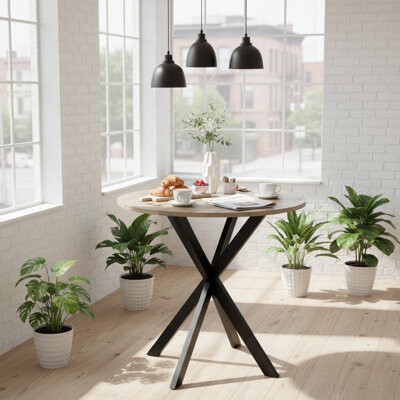 39F inc 31.5'' Round Restaurant Table, Modern Industrial Dining Table for 2-4, Rustic Brown, MDF Top & Black Metal Legs