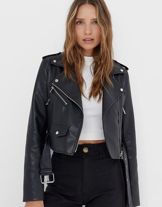 Stradivarius faux leather biker jacket in black - ShopStyle