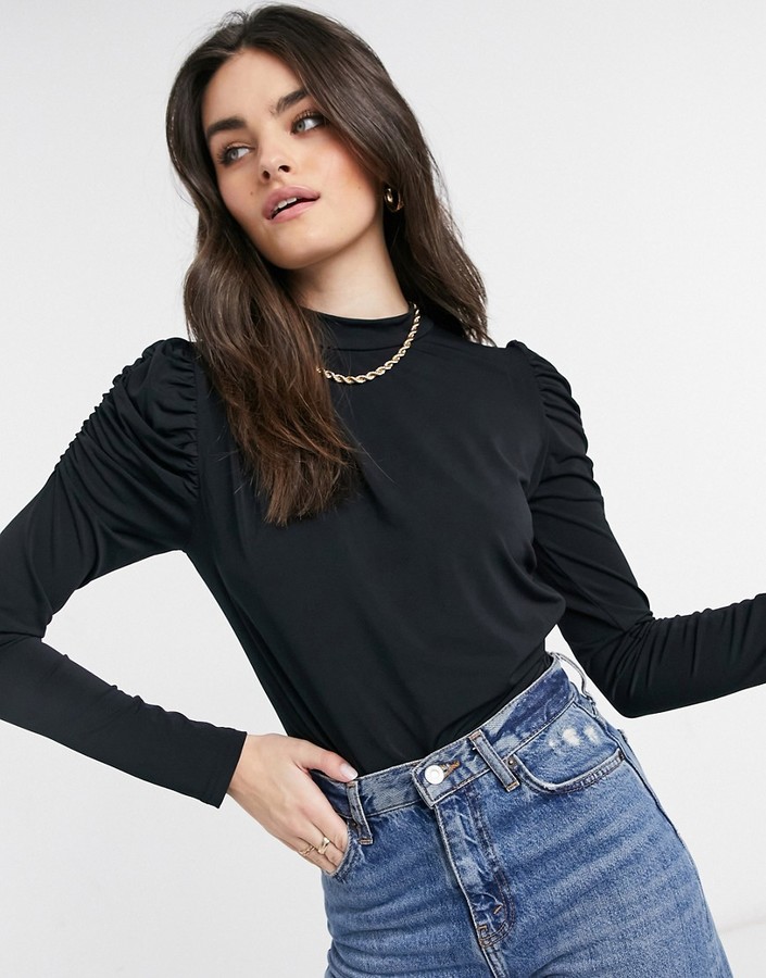 Vero Moda slinky bodysuit with ruched shoulder in black - ShopStyle Long  Sleeve Tops