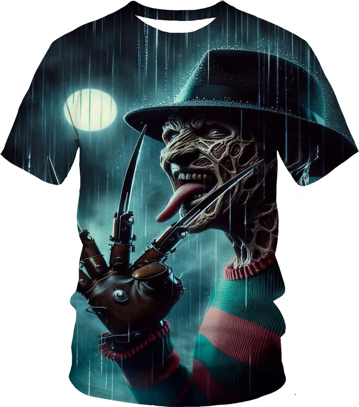 AliExpress en & apos;s graphic T-shirt with a Freddy Krueger-inspired nightmare design. Loose-fitting streetwear Halloween top for horror movie