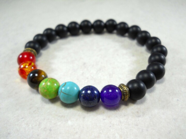Etsy Black Stone 8mm Chakra Bracelet With Multi Color Beads, Men's Bracelet, Women's Fashion Jewelry, Jewelry