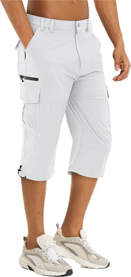 FULBHPRINT Men's Summer Cargo Work Shorts Quick Dry 3/4 Length Capri Pants  Multi-Pockets Knee Length Beach Shorts White - ShopStyle