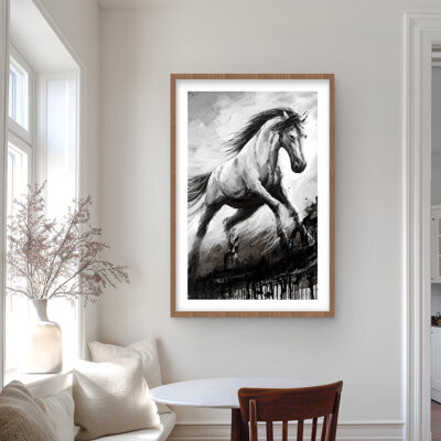 Lark Manor White horse in the wind - Rustic black framed matted print