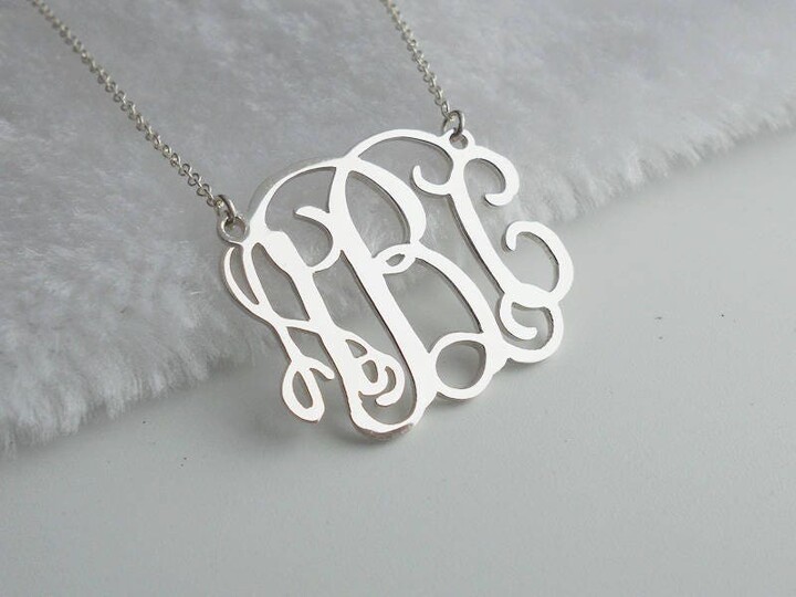 Etsy Silver Monogram Script Necklace, Monogram Initial Necklace, 1.75 Inch Necklace, Vine Necklace, Nameplate Necklace