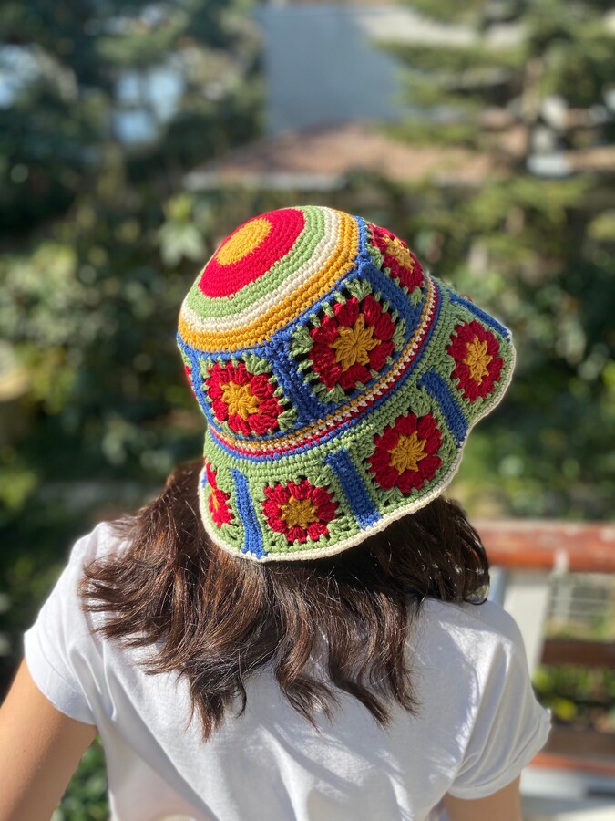 Etsy Handmade Granny Square Festival Hat - Boho Crochet Bucket Retro Summer Accessory