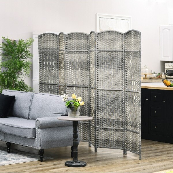 MAYEERTY6PanelRoomDividerFoldingPrivacyScreenHandWovenFreestandingWallPartitionforHomeOfficeMixedGray