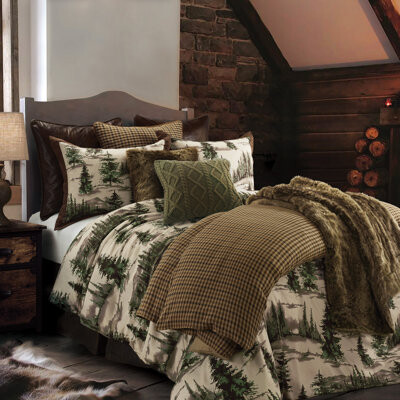 Paseo Road by HiEnd Accents Joshua Cream, Green and Brown Pine Tree Print Western Lodge Rustic Cabin Cotton Comforter Set