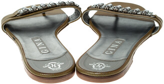 Gina Beige Patent Leather Crystal Embellished Slip On Flat Slides Size 41