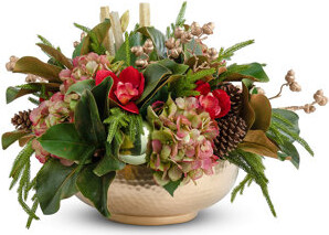 T&C Floral Company Hydrangeas, Orchids In Gold Hammered Metal