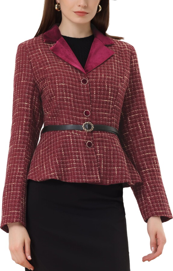 Unique Bargains Women’s Plaid Notched Collar Work Office Blazer with Belt M Wine Red