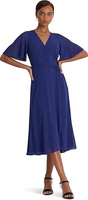 Lauren Ralph Lauren Belted Georgette Dress Women's Dress Blue