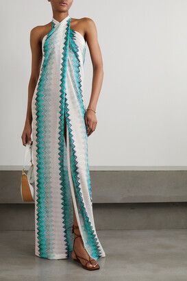 【MISSONI】crochet-knit ホールターネック maxi ドレス Missoni Signature Zig Zag Metallic Crochet Knit Halterneck