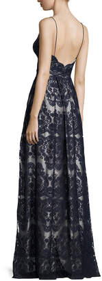 Catherine Deane Sleeveless Pleated Lace Gown, Deep Sea/Silver Gray