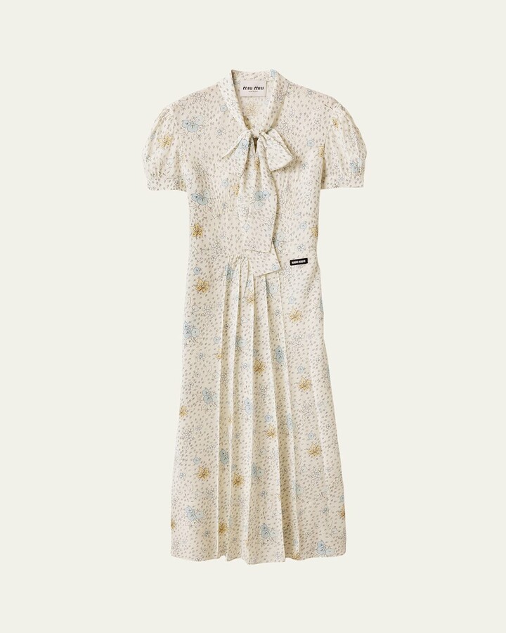 Miu Miu Floral Neck-Tie Short-Sleeve Midi Dress