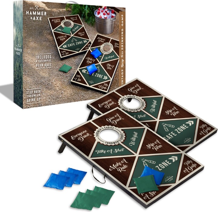 Hammer + Axe Vintage Tipsy Toss Drinking Game, Premium Wood Cornhole