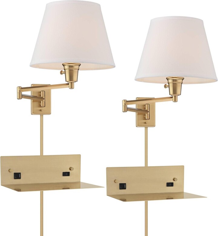 360 Lighting Modern Swing Arm Wall Lamps Set of 2 with USB Port Outlet Shelf Brass PlugIn Light