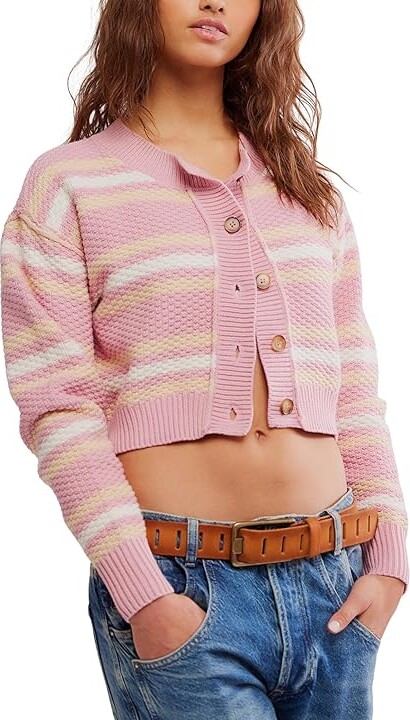Free People Lila Stripe Cardi Women's Clothing Pink Combo : SM (Women's 4-6), Acrylic/Cotton