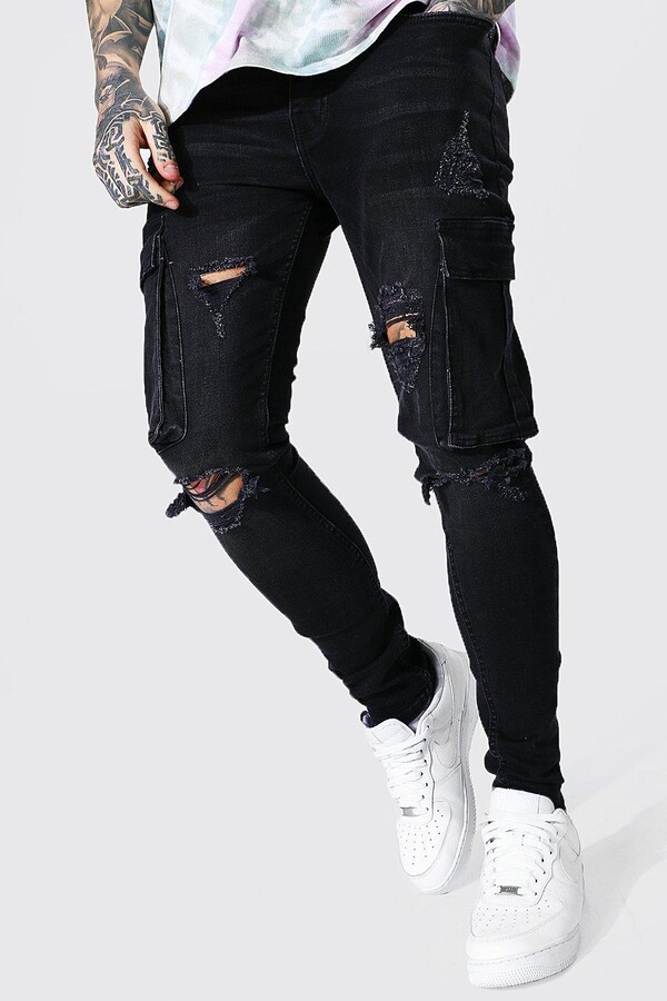 boohoo Mens Black Super Skinny Multi Rip Cargo Jeans ShopStyle
