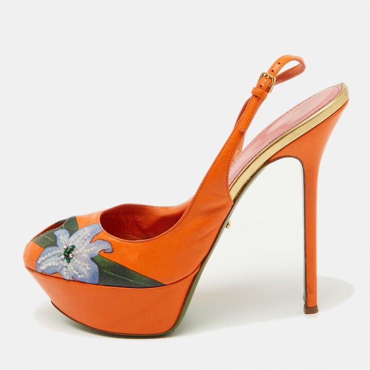 Sergio Rossi Orange Leather Floral Print Peep Toe Platform Slingback Sandals