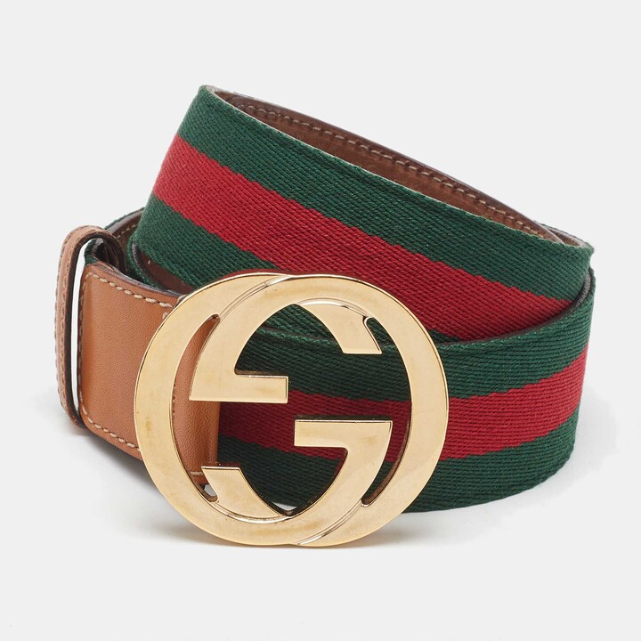 Gucci Tan/Green Fabric and Leather Web Interlocking G Buckle Belt 85CM