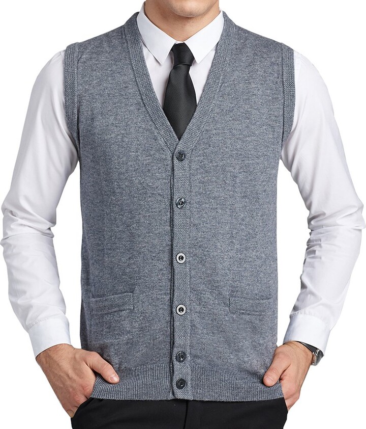 FULIER Mens Wool V-Neck Gilet Sleeveless Vest Waistcoat Classic Gentleman Knitwear Cardigans Knitted Sweater Tank Tops with Buttons 