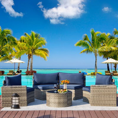HOMHUM 7 Piece Round Patio Sectional Furniture With Round Table, 2 Side