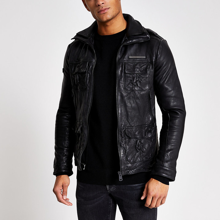 River Island Superdry black leather jacket - ShopStyle
