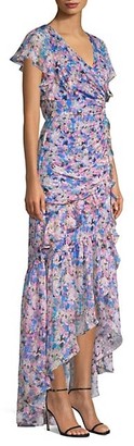 Shoshanna Elnora Floral Silk-Blend Ruched Asymmetric High-Low Dress