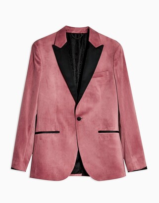 Topman skinny single breasted tuxedo jacket in pink velvet