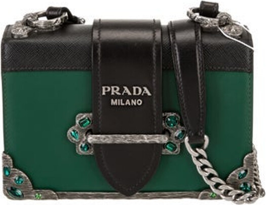 Prada Shoulder Bag Green City Calf Leather Silver-Tone Hardware Saffiano Leather Trim Chain-Link Shoulder Strap Leather Lining Flap Closure at Front Includes Authenticity Card Unfortunately, due to restrictions, this item may not be eligible for shipping in all areas.