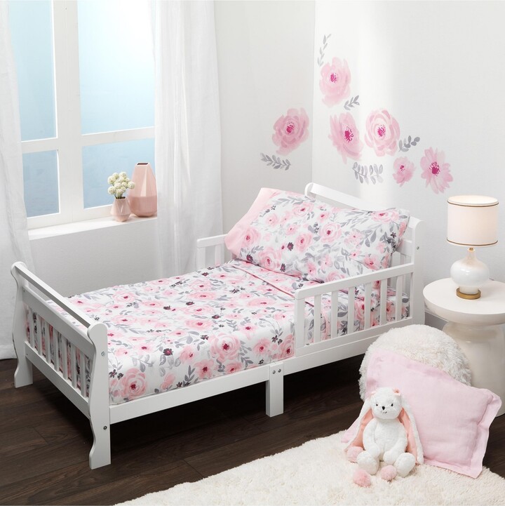 Bedtime Originals Toddler Blossom 4-Piece Pink/Gray Watercolor Floral Bedding Set