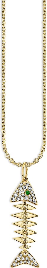 Sydney Evan 14K Yellow Gold Diamond & Emerald Fishbone Pendant Necklace 16-18