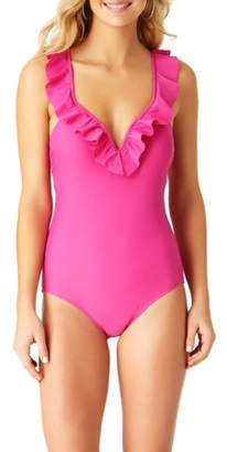 Time and Tru Women's Solid Ruffle One-Piece Swimsuit