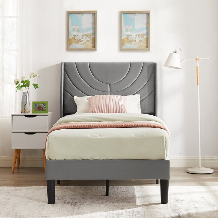 Upholstered Height Platform Bed Frame with Wingback Headboard Twin Full Queen Size BedGrey