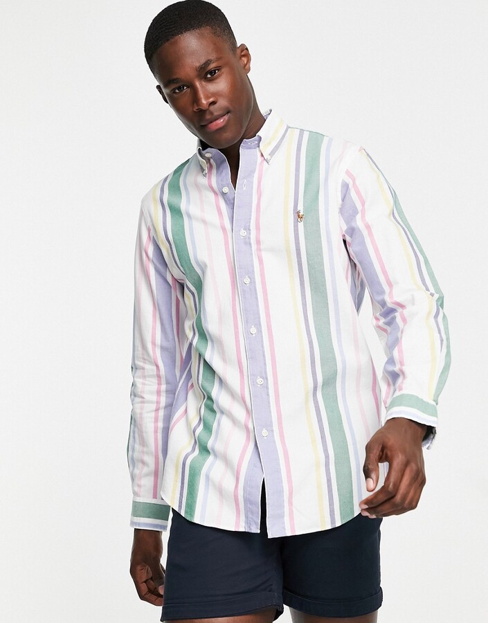 Polo Ralph Lauren player logo multi stripe oxford shirt button down custom  regular fit in white - ShopStyle