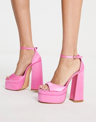 Glamorous layered platform heel sandals in pink satin
