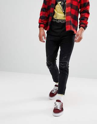 Pull&Bear Carrot Fit Cropped Jeans With Zip Hems In Black