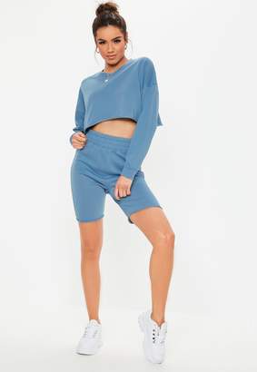 Missguided Blue Crop Sweatshirt And Cycling Shorts Co Ord Set