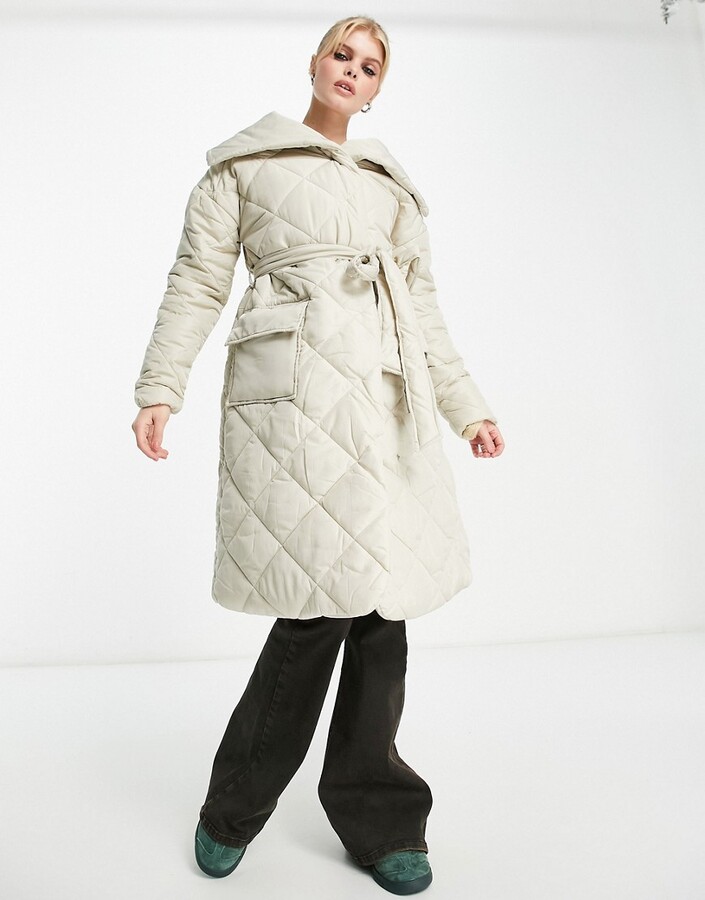 Violet Romance quilted shawl neck longline coat with belt in stone