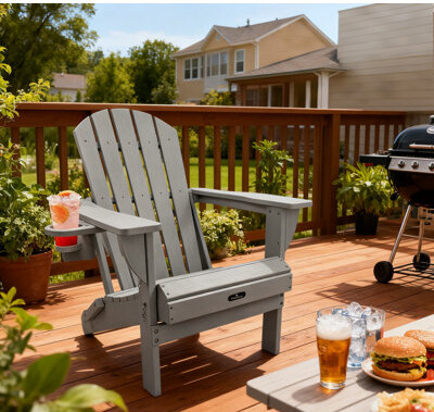 Ebern Designs Folding Adjustable Adirondack Chair All Weather Resistant Reclining Adirondack Chair With Cup Holder Hdpe Folding Adirondack Chairs