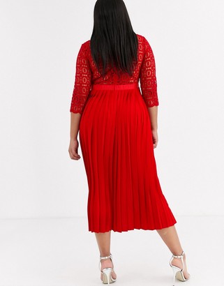Little Mistress Plus midi length 3/4 sleeve lace dress in pillar box red