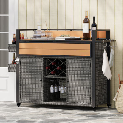 UTOP Furniture Outdoor Grill Cart with Wicker Rolling Kitchen Island/ Drop Leaf TableSpice Racks&Wine Storage