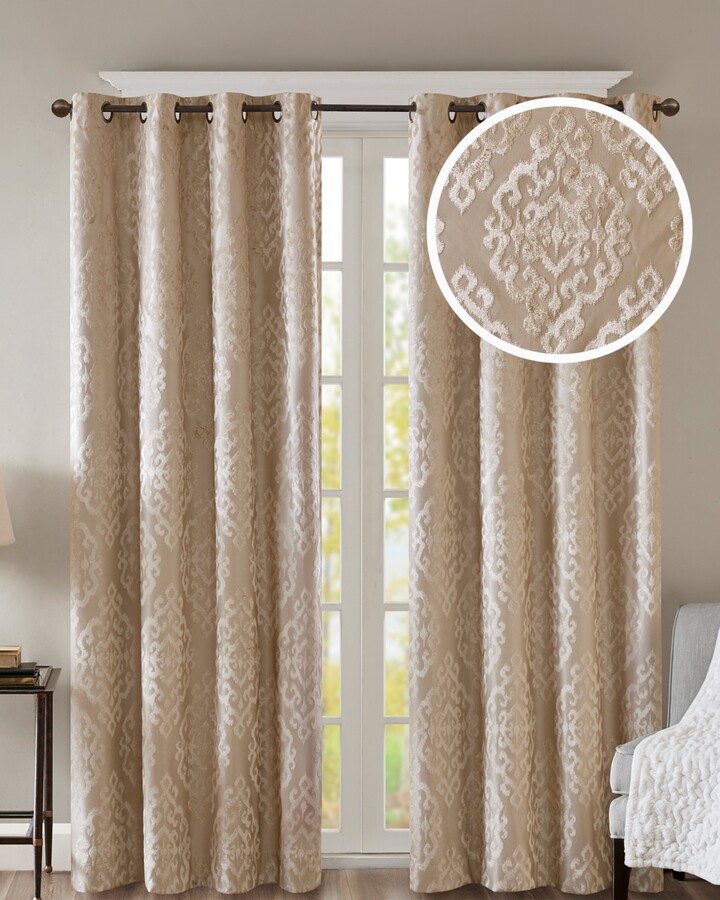 SunSmart Mirage Knitted Jacquard Damask Total blackout curtains for bedroom, Silver grommet top fit up to 1.25 inches rod Single Curtain Panel for Living Room,