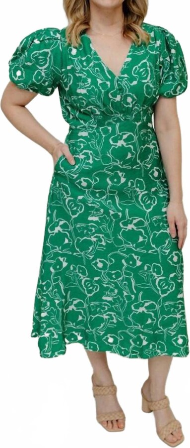 SKIES ARE BLUE Mai Floral Midi Dress In Leaf Green