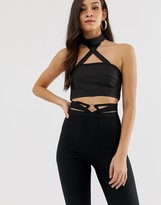 Thumbnail for your product : The Girlcode bandage high waist trouser with cut out belt detail in black